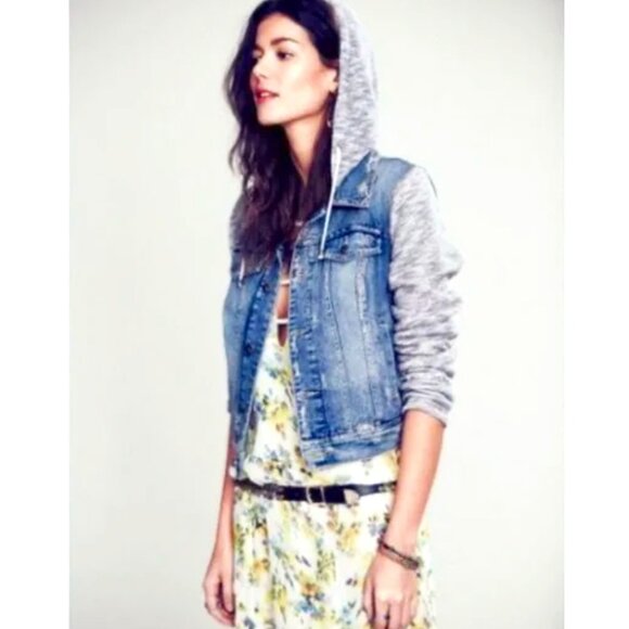Free People Womens Distressed Hoodie Jean Jacket Size S - Picture 1 of 11